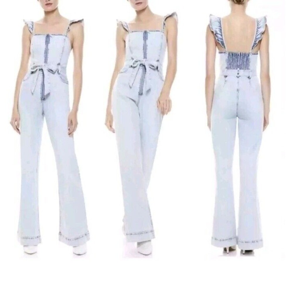Alice & Olivia Fools Paradise 25 Belted Wide Leg Denim Jumpsuit Jumper Overalls